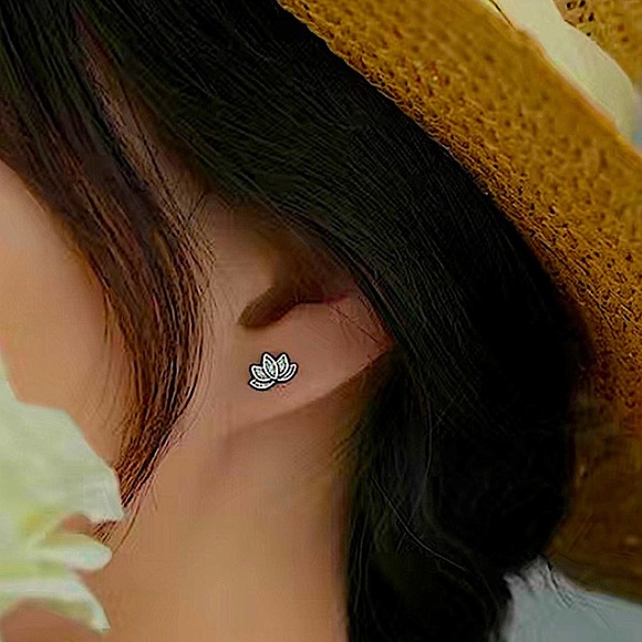 Sterling Silver Lotus Flower Stud Minimalist Earrings - Picture 3 of 6